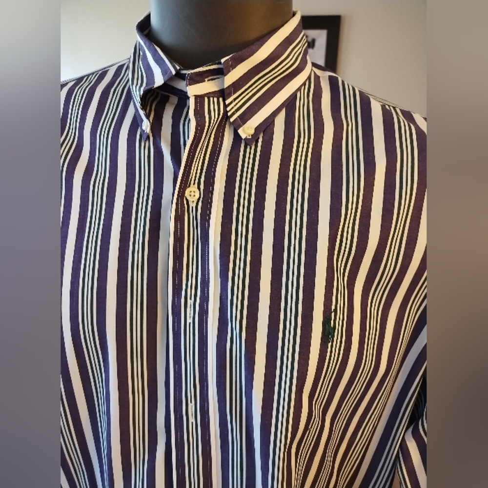 Ralph Lauren Long Sleeve Shirt White With Purple Stripes Size 17.5 / XL